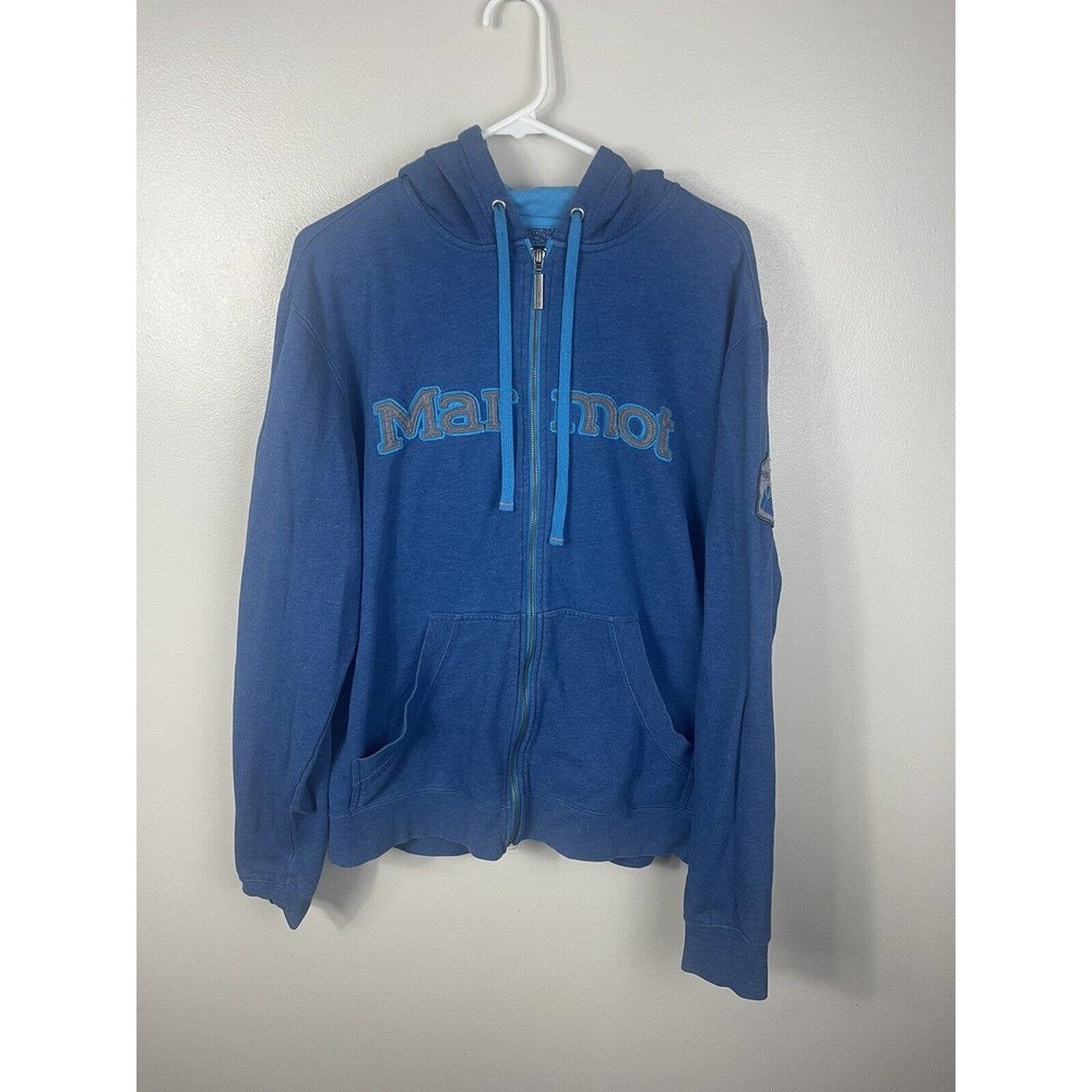 Marmot Sweater Mens Large Blue Graphic Hoodie Sweatshirt Full Zip Spellout